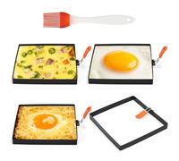 Patelai 4 Pcs Square Egg Rings 8 Inch Large Stainless Steel Frying Egg Molds Griddle Pancake Shapers with Orange Silicone Handle Oil Brush for Household Breakfast Omelette Sandwich Cooking Tool