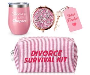 Patelai 5 pcs Divorce Gifts for Women - Funny Breakup Survival Kit with Makeup Bag, Wine Tumbler, Compact Mirror & Bottle Opener - Funny & Empowering Breakup Gifts for Her, Best Friend, Sister