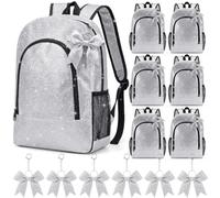 Patelai 6 Pack Cheer Backpack with Bow Keychain Cheerleading Glitter Large Capacity Bags for Cheerleaders Cheerleading Gift, Silver, Size: 16.5 x 12.6 x 5.12 inches/ 42 x 32 x 13 cm