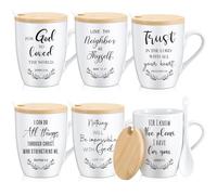 Patelai 6 Set Christian Mugs Bulk 12oz Inspirational Bible Verse Ceramic Coffee Mug with Lid Handle Spoon Religious Gifts for Sunday School Church Men Women Coworker(English)