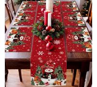 Patelai 7 Pcs Christmas Snowman Table Runner and Placemats Set, Serve 6 | Red Xmas Table Runners, Snowflakes Gift Boxes Printed, Decoration for Home Kitchen Dining Room Holiday Decor Party Wedding