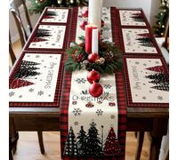 Patelai 7 Pcs Christmas Table Runner and Placemats Set Merry Christmas Buffalo Plaid Table Runner Xmas Placemats Red Black for Holiday Kitchen Dining Room Decor Party Wedding Decoration