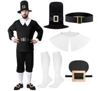 Patelai 7 Pcs Colonial Costume Men Set Include Shoe Buckle Hat Socks Belt Collar Accessories for Historical Halloween Colonial Pilgrim Outfit Cosplay Costume