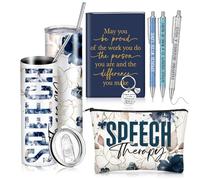 Patelai 7 Pcs Speech Therapy Gifts for Women Language Pathologist Gifts Set for Slp Assistant Therapist Pathologist Include Notebook Tumbler Makeup Bag Ballpoint Pen Essentials(Blue Floral)