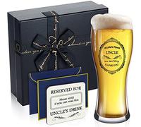 Patelai Beer Glass Gifts Set for Father's Day 450 ml World's Finest Pint Beer Glass Birthday Presents with Solid Wood Coaster Greeting Card for Dad Grandad Uncle Christmas Father's Day Gifts(Uncle)
