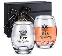 Patelai Gift for Wedding Anniversary His Lordship and Her Ladyship Gin Glass Set to Bride and Groom Anniversary Set of 2 Cocktail Short Glasses Stemless Wine Glass to Couple Date Party, 16 oz