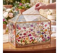 Patelai Hand Painted Floral Stained 12.6 Inch Large Wedding Glass Card Box with Slot Wedding Envelope Holder for Reception Gold Card Box with Lock Decorative Baby Shower Birthday Party Bridal Shower
