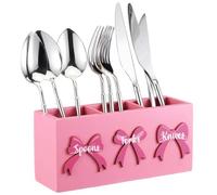 Patelai Pink Bow Wood Flatware Silverware Caddy for Countertop Small Decorative Christmas Utensil Holder Kitchen Counter with 3 Compartment Farmhouse Knife Spoon and Fork Holder for Party Kitchen