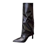 Patent Boots Women Knee High, Women’s Fold Over Knee High Stiletto Boots Heels Pointed Toe Patent Leather Dress Booties Elegant Party Boot Plain Pull On Versatile Going Out Shoes for Woman Lady Black