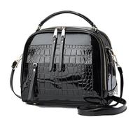 Patent Leather Handbag Multi Pockets Top-handle Satchels Stone Pattern Shoulder Bags All Around Zipper Crossbody Purse, Black, 9.8x3.6x8.6 inches
