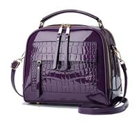 Patent Leather Handbag Multi Pockets Top-handle Satchels Stone Pattern Shoulder Bags All Around Zipper Crossbody Purse, Purple