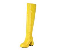 Patent Leather Knee-High Platform Boots, Block Heel, Black Boots Square Head Thick Bottom Heel High Rear Zipper Women's Over The Knee Thin Ankle for Women (Yellow, 8)