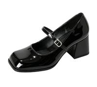 Patent Leather Square Toe Mary Jane Pumps for Women, Mid Chunky Heel Single Buckle Ankle Strap Office Work Shoes,Black,8 UK