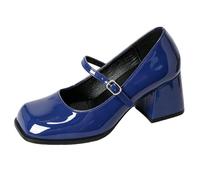 Patent Leather Square Toe Mary Jane Pumps for Women, Mid Chunky Heel Single Buckle Ankle Strap Office Work Shoes,Navy Blue,4 UK