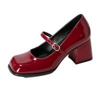 Patent Leather Square Toe Mary Jane Pumps for Women, Mid Chunky Heel Single Buckle Ankle Strap Office Work Shoes,Burgundy,7 UK
