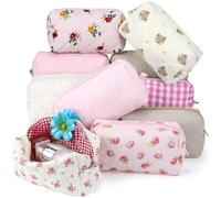 Paterr 10 Pcs Cotton Quilted Makeup Bag with Zipper Floral Pattern Cosmetic Bag Gift for Women, Multicolored, Beige Floral