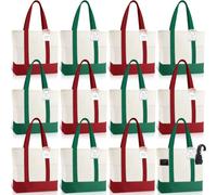 Paterr 12 Set Canvas Tote Bags Bulk with 2 Pockets, 1 Ribbon & 12 Cards Blank Small Sublimation Canvas Tote Reusable Grocery Bag for Women, DIY Craft(Red & Green)