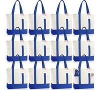 Paterr 12 Set Canvas Tote Bags Bulk with 2 Pockets, 1 Ribbon & 12 Cards Blank Small Sublimation Canvas Tote Reusable Grocery Bag for Women, DIY Craft(Royal Blue)