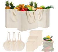 Paterr 15 Pcs Grocery Bags Set Canvas Grocery Bag 3 Pcs Heavy Duty Reusable Grocery Bags with Pockets 3 Pcs Cotton String Shopping Bags Long Shoulder Strap 9 Pcs Organic Cotton Mesh Produce Bags