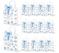 Paterr 24 Pcs Coast Gift Bags Clear PVC Reusable Blue Bow Seashell Beach Tote Bags with Handle Ribbon Plastic Waterproof Gifts for Summer Wedding Sea Birthday Bachelorette Party Supplies