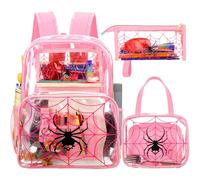 Paterr 3 Pcs Girls Boys Clear Backpack for Kid Rainbow Cloud Spider Architecture Ribbon Stadium Approved Backpack, Pink, Spider