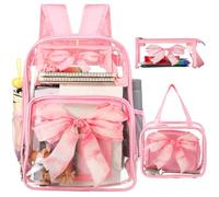 Paterr 3 Pcs Girls Boys Clear Backpack for Kid Rainbow Cloud Spider Architecture Ribbon Stadium Approved Backpack, Pink, Ribbon