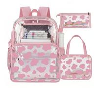 Paterr 3 Pcs Girls Boys Clear Backpack for Kid Rainbow Cloud Spider Architecture Ribbon Stadium Approved Backpack, Pink White, 16.9 X 12 x 6.5 inches, Cow