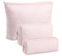 Paterr 3 Pcs Quilted Makeup Bag Set Valentines Gift Pouch Bridesmaid Small Cosmetics Bag Aesthetic Travel Toiletry Pouch Cute Purse Pencil Case Makeup Storage Organizer for Women, Pink, Quilted