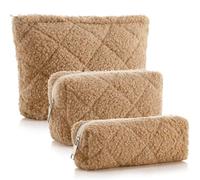 Paterr 3 Pcs Quilted Makeup Bag Set Valentines Gift Pouch Bridesmaid Small Cosmetics Bag Aesthetic Travel Toiletry Pouch Cute Purse Pencil Case Makeup Storage Organizer for Women, Khaki