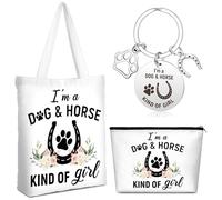 Paterr 3 Pieces Dog Horse Lovers Gifts I'm a Dog And Horse Kind Of Girl Tote Bag Makeup Bag and Keychain Horses and Dogs Gifts Paw Print Horseshoe Gift For Dog Mom Horse Lover Cowgirl Equestrian Gifts