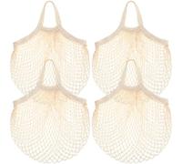 Paterr 4 Pack Cotton Mesh Produce Bags Bulk Reusable Market Bag Washable Net Grocery Purse String Shopping Tote Beach Organizer for Vegetable Fruit Picnic Food Storage (Short Handle,Beige)