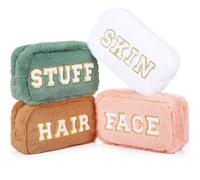 Paterr 4 Pieces Chenille Letter Preppy Patches Makeup Bag Plush Fuzzy Makeup Bag Cosmetic Bag Hair Skin Face Stuff Bag Pouch with Zipper for Women Travel Toiletry Storage Organization, Morandi Color