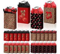 Paterr 48 Pcs Cherry Cheetah Gift Bags Leopard Print Cherry Party Favors with Handles and Tissue Paper Reusable Red and Black Paper Gift Bags for Girls Women Bachelorette Wedding Coquette Party Decor