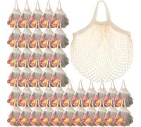 Paterr 50 Pack Reusable Cotton Mesh Grocery Bags Bulk Washable Net String Produce Bags Portable Shopping Tote Organizer Container with Handle for Fruit Vegetable Food Storage Market, Beige