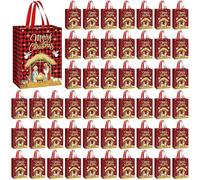 Paterr 50 Pcs Christmas Nativity Gift Bags Bulk Joy to the World Non Woven Holy Night Christmas Candy Gift Bags Christian Religious Nativity Party Favor for Jesus Holiday Gifts (Red and Black Grid)