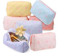 Paterr 6 Pcs Quilted Makeup Bag Bulk Women Girls Wedding Birthday Graduation Bridesmaid Gifts Cotton Bow Floral Cosmetic Bag Cute Coquette Aesthetic Travel Toiletry Pouch, Pastel Mix, Gingham Bow
