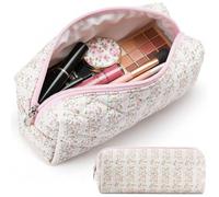 Paterr Floral Makeup Bag Aesthetic Flower Make up Pouch Travel Cosmetic Bag Valentine's Day Gift for Women Portable Quilted Pouch Cotton Kawaii Toiletry Organizer for Girlfriend Wife(Pink Floral)