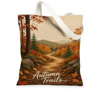 Path Canvas Tote Bag, Nature Rustic Trees Mountains Fall Orange Grocery Bags 13x15 Inch, Orange, 13x15 Inch