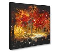 Path Through the Forest at Autumn Paint Splash Canvas Print | Gallery Wrapped 30mm Frame Wall Art | 14x14 inches | Ready to Hang | Modern Landscape Picture | Living Room Bedroom Lounge Office