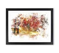 Path Through The Forest At Autumn Watercolour Modern Framed Print | A4 Black Framed Wall Art | Ready to Hang | Modern Landscape Picture | Living Room Bedroom Lounge Office