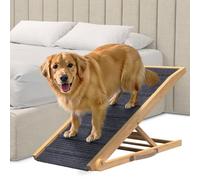 Pathosio Pets Adjustable Dog Ramp for Bed - Foldable Wooden Ramp for Dogs to Get on Bed, Couch, or Car - Ideal for Small, Medium, and Large Breeds (Natural Wood with Grey Carpet)