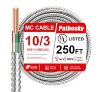 Pathosky 10/3 MC Cable 250 FT, Metal Clad Electrical Wire with Green Insulated Ground, 10 AWG Solid Pure Copper Conductors, Aluminum Armor Real THHN/THWN, 600V 90°C Indoor/Outdoor Rated UL Listed