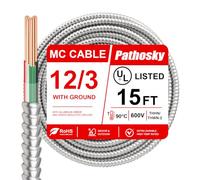 Pathosky 12/3 MC Cable 15FT, Metal Clad Electrical Wire with Green Insulated Ground, 12 AWG Solid Pure Copper Conductors, Aluminum Armor Real THHN/THWN, 600V 90°C Indoor/Outdoor Rated