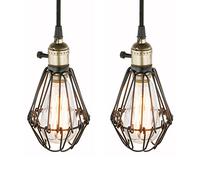 PathsOn Set of 2 Industrial Retro Edison Hanging Lights Pendant Lights Loft Bar Kitchen Island Switch Ceiling Light Lamp Fixture Chandelier with Metal Bird Cage Lamp Shade (2 Pendant Light, Black)