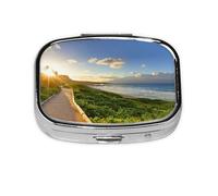 Pathway Sunset Near Bright Green Print Pill Box 2 Compartment Medicine Pill Case,Portable for Pocket Or Purse Pill Box Decorative Metal Medicine Organizer