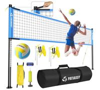 Patiassy 32‘ x 3’ Professional Volleyball Net and Ball Set System for Outdoor Beach, Backyard, Garden with Adjustable Height Steel Poles, Strong Nylon Net, PU Volleyball and Carrying Bag (Blue)
