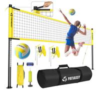 Patiassy Outdoor Portable Volleyball Net Set System for Backyard - Quick & Easy Setup Adjustable Height Steel Poles, PU Volleyball, Pump and Carrying Bag (Yellow)