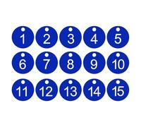 PATIKIL 1-15 Number Tags, 15Pcs Round ID Number Key Tags Plastic Numbered Keychain for Luggage Lockers Organizer Field Sales Hangers Clothes Labels, White-Blue