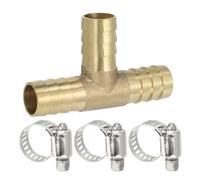 PATIKIL 1/2" Brass Tee Hose Barb Fitting, 3 Ways Union Intersection T Shape Barbed Split with Clamps for Air Water Fuel Gas Liquid, Golden