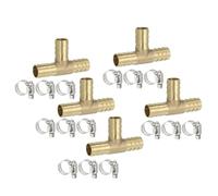 PATIKIL 1/2" Brass Tee Hose Barb Fitting,5 Pcs 3 Ways Union Intersection T Shape Barbed Split with Clamps for Air Water Fuel Gas Liquid, Golden